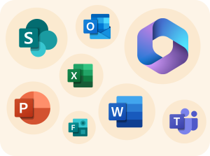 Mozaique de logos des produits de la suite Microsoft 365 (Sharepoint, Office, Powerpoint, Teams, Excel, Word, Outlook, Publisher)