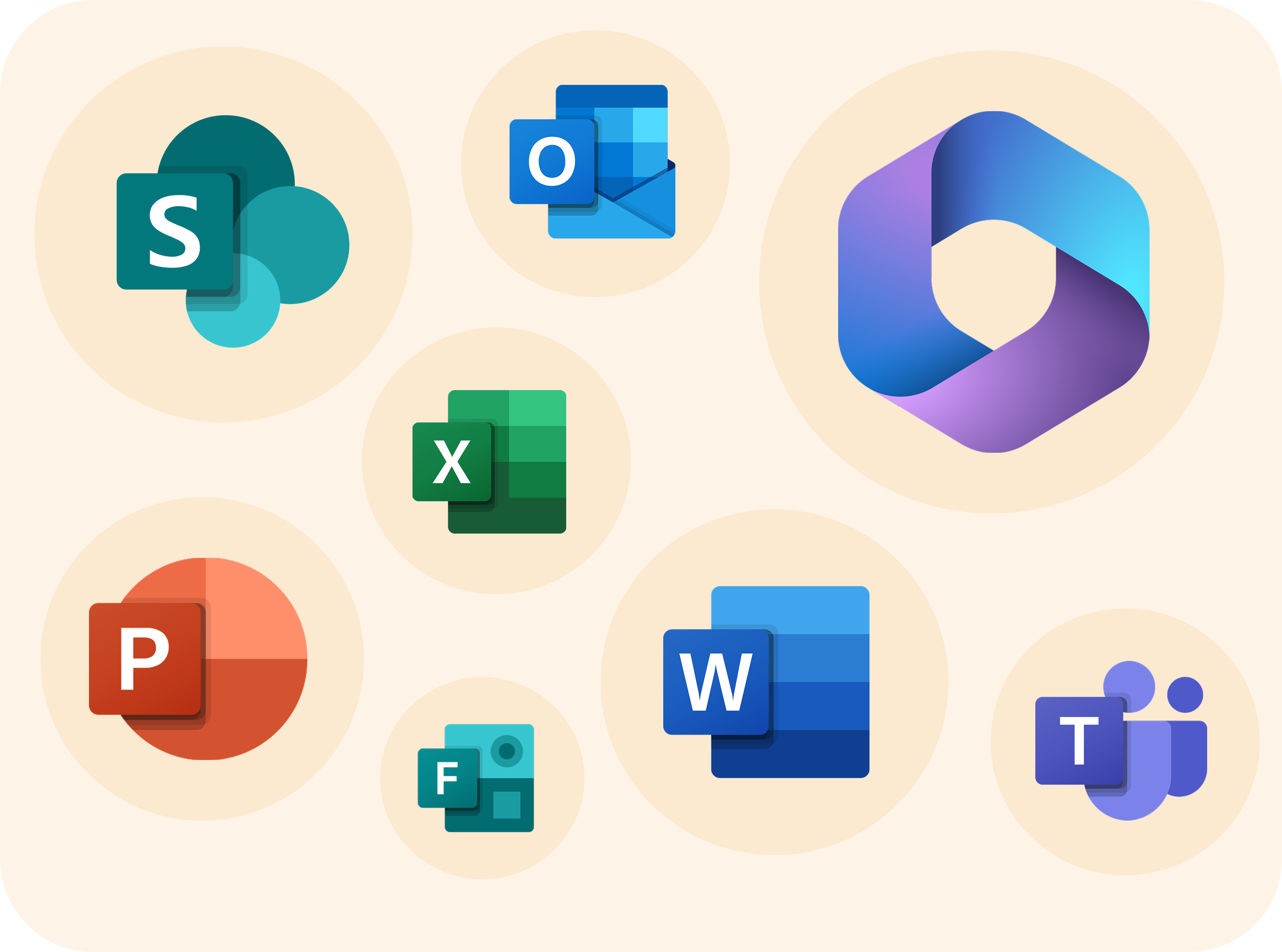 Mozaique de logos des produits de la suite Microsoft 365 (Sharepoint, Office, Powerpoint, Teams, Excel, Word, Outlook, Publisher)