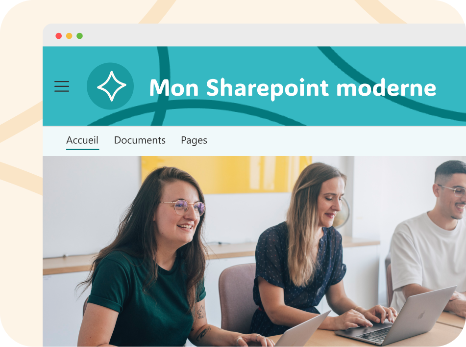 Une équipe de trois personne sur une photo dans une agence sharepoint